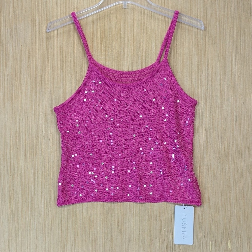 Musera Women Party Festival Concert Sequin Knit Camisole Top Size S Pink Magenta